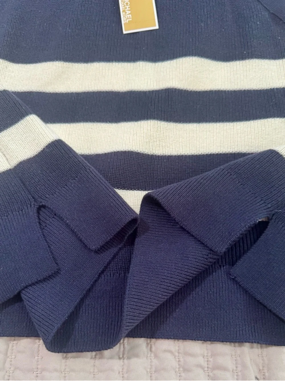 Michael Kors Navy White‎ Striped Sweater XL NWT Gold Button Shoulder Coastal